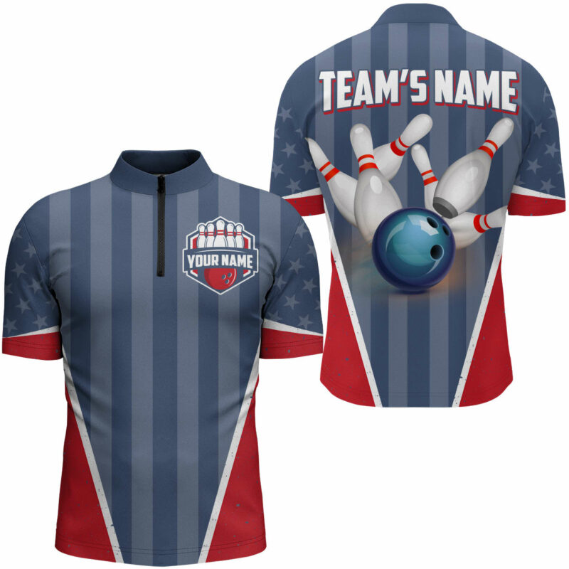 American Bowling Quarter Zip Shirt For Men Custom Bowling Team Shirt Bowlers Jersey