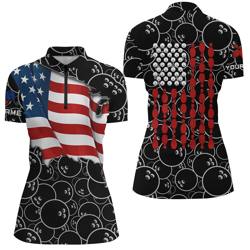 American Flag Black Camo Bowling Shirt For Women Custom Quarter Zip Shirt