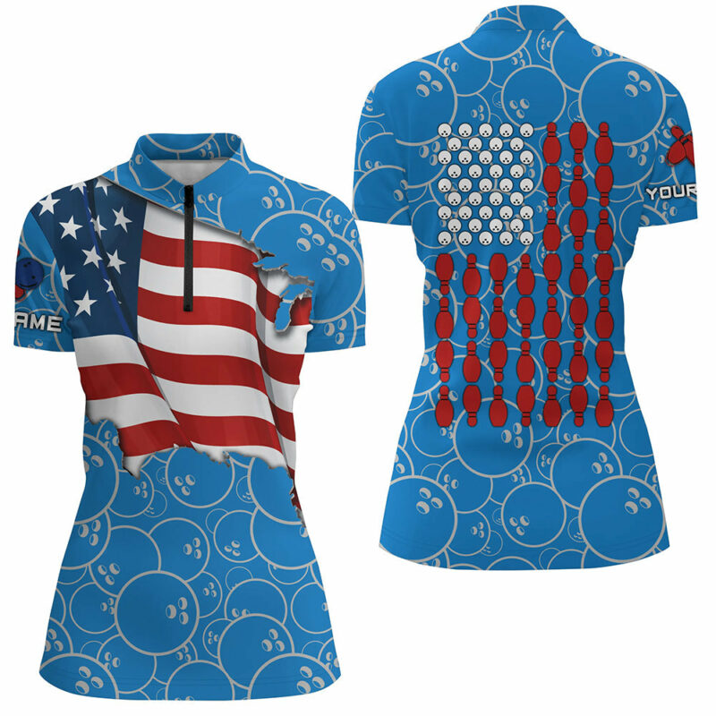 American Flag Blue Camo Bowling Shirt For Women Custom Quarter Zip Shirt