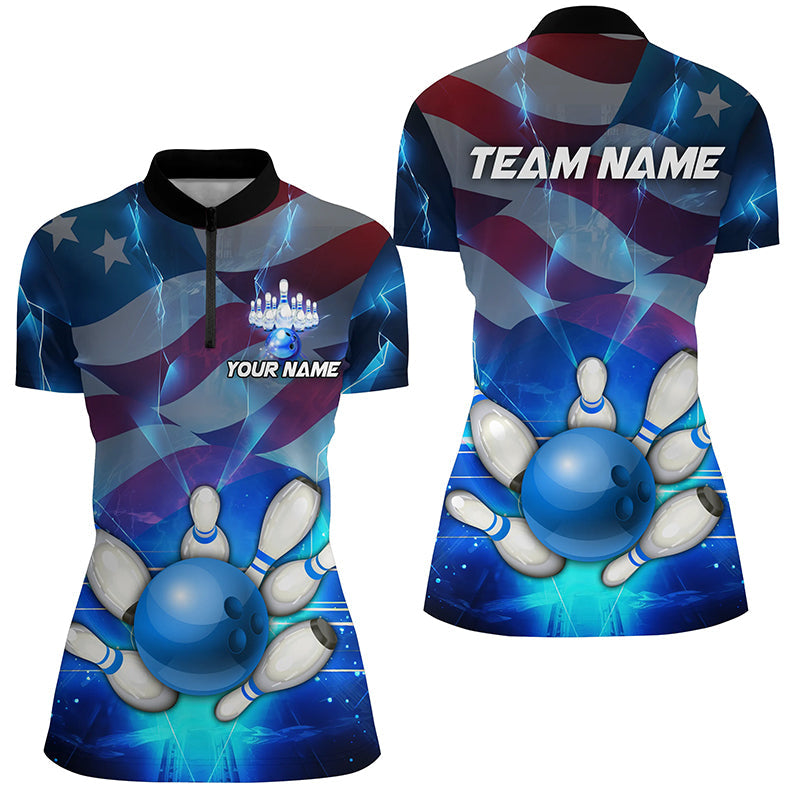 American Flag Blue Custom Bowling Quarter Zip Shirts For Women Patriotic Team League Jersey