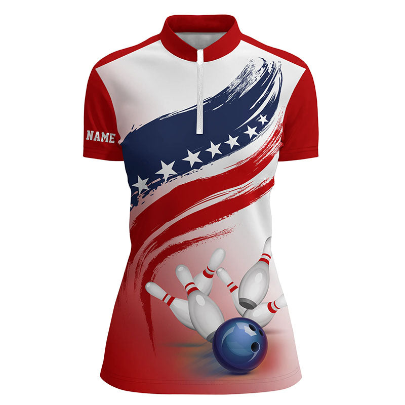 American Flag Bowling Ball And Pins Quarter-Zip Shirt Women Bowling Jerseys Custom Bowling Team Shirts