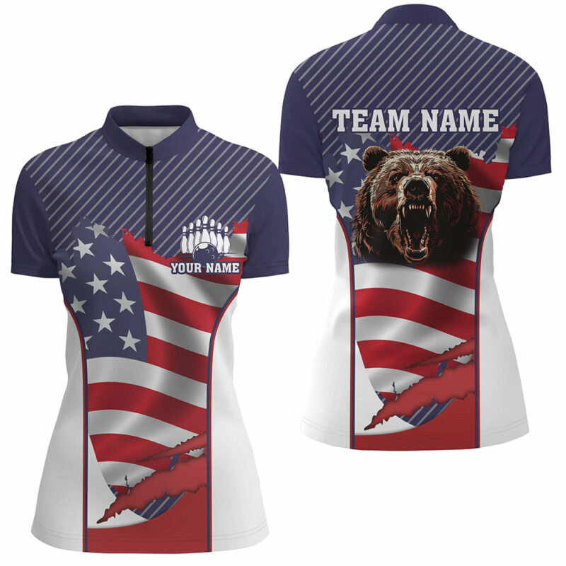 American Flag Bowling Bear Bowling Quarter Zip Shirts For Women Custom Team Bear Bowling Jerseys
