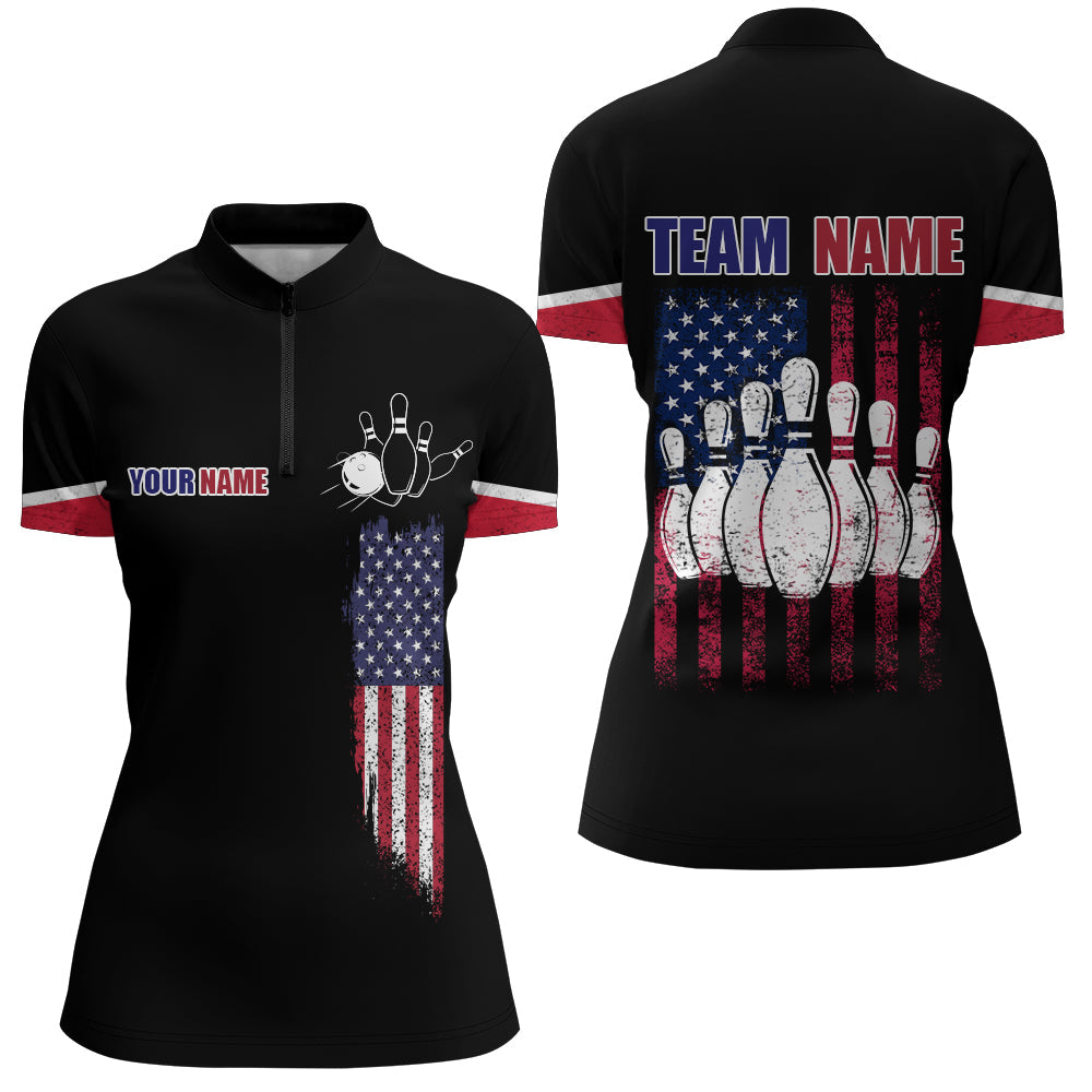 American Flag Bowling Quarter Zip Shirt Custom Bowling Jersey For Women 14 Zip Bowling Team Shirts