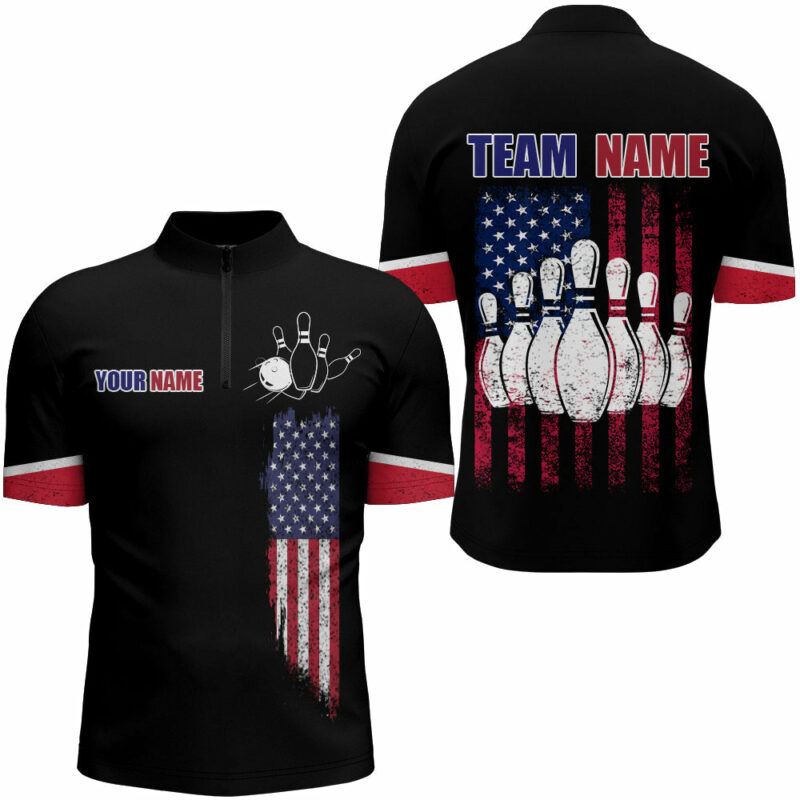 American Flag Bowling Quarter Zip Shirt Personalized Bowling Jersey Men Patriotic Bowling Team Shirt