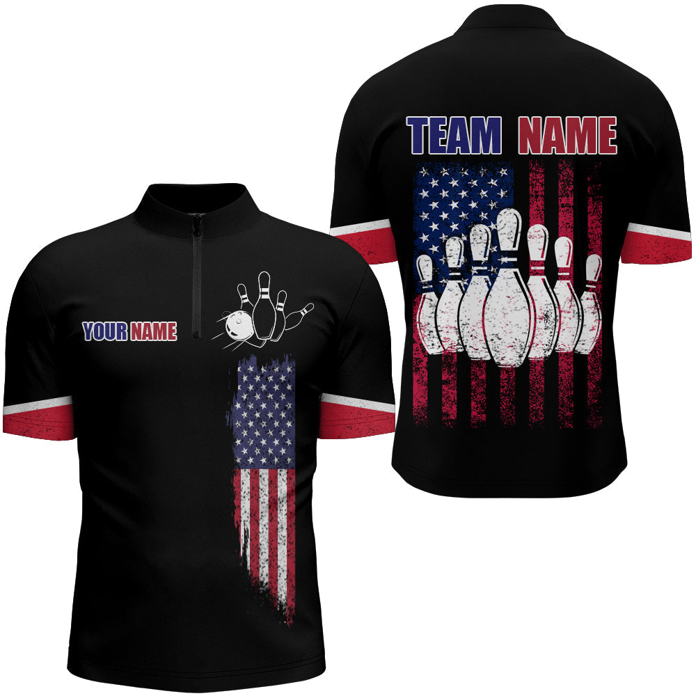 American Flag Bowling Quarter Zip Shirt Personalized Bowling Jersey Men Patriotic Bowling Team Shirt