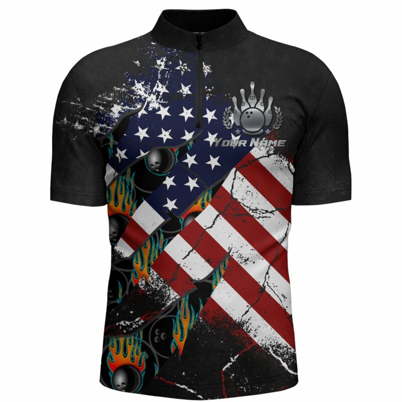 American Flag Bowling Shirt For Men Custom Bowling Jersey Strike Patriot League Bowlers Quarter Zip
