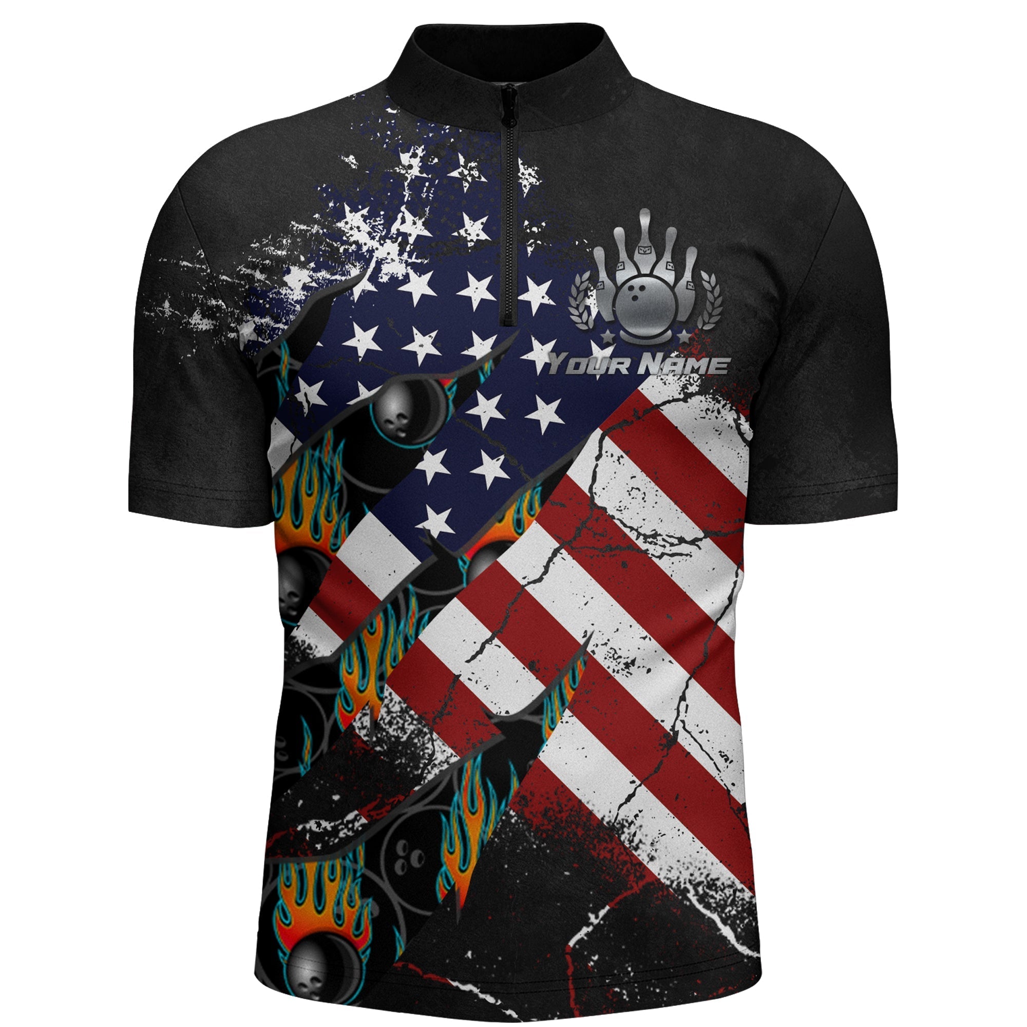 American Flag Bowling Shirt For Men Custom Bowling Jersey Strike Patriot League Bowlers Quarter Zip