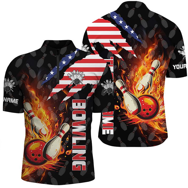 American Flag Bowling Shirt For Men Custom Flame Bowling Quarter Zip Shirt