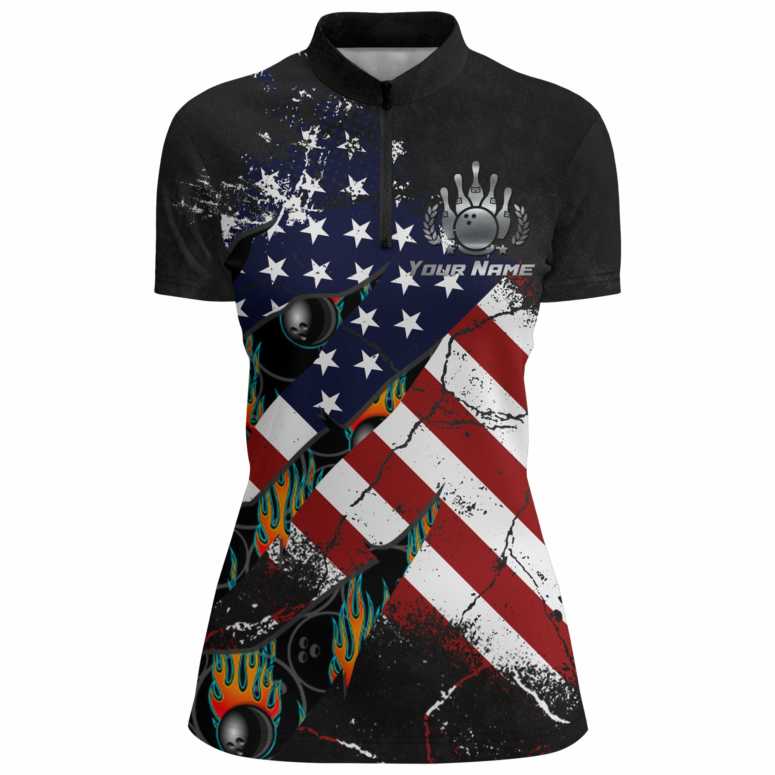 American Flag Bowling Shirt For Women Custom Bowling Jersey Strike Patriot League Lady Quarter-Zip Jersey