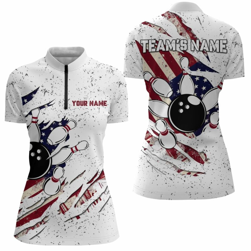American Flag Bowling Shirt For Women Custom Bowling Team Jersey Bowling Quarter-Zip Shirt