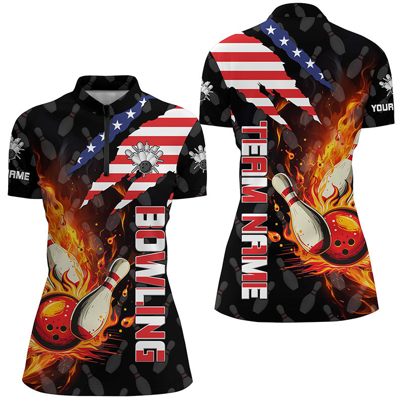 American Flag Bowling Shirt For Women Custom Flame Bowling Quarter Zip Shirt