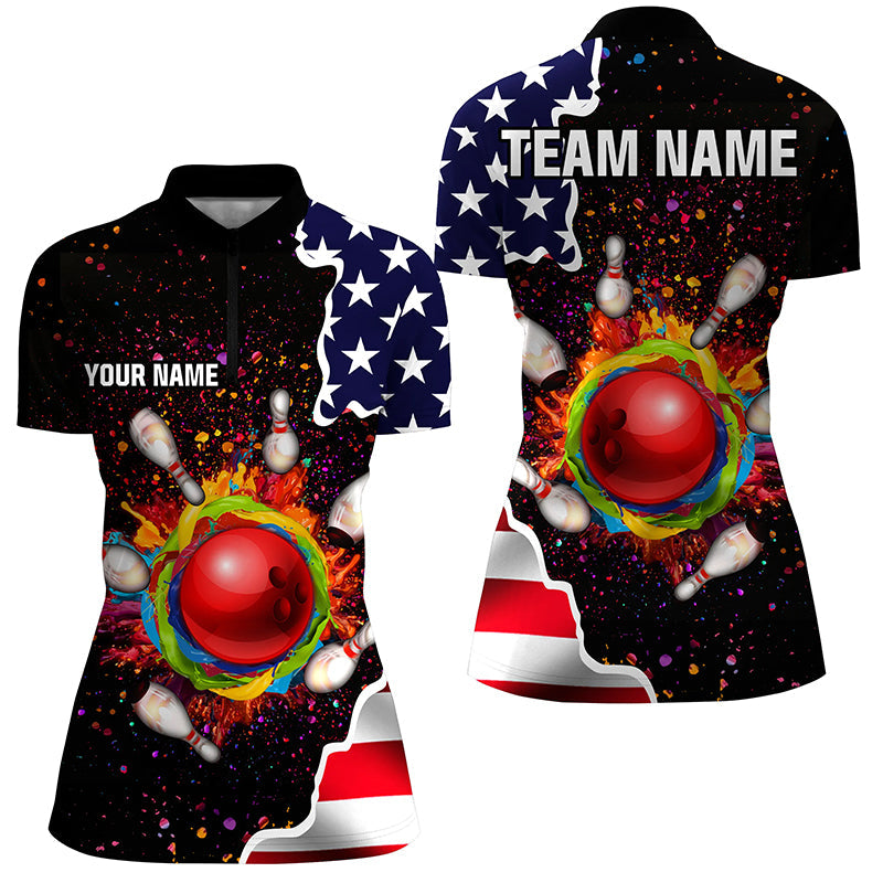 American Flag Colorful Painted Bowling Ball Pins Custom Team League Quarter Zip Shirts For Women