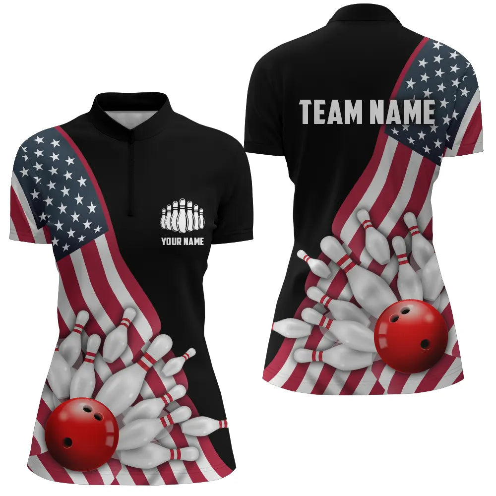 American Flag Custom Women'S Bowling Quarter Zip Shirts