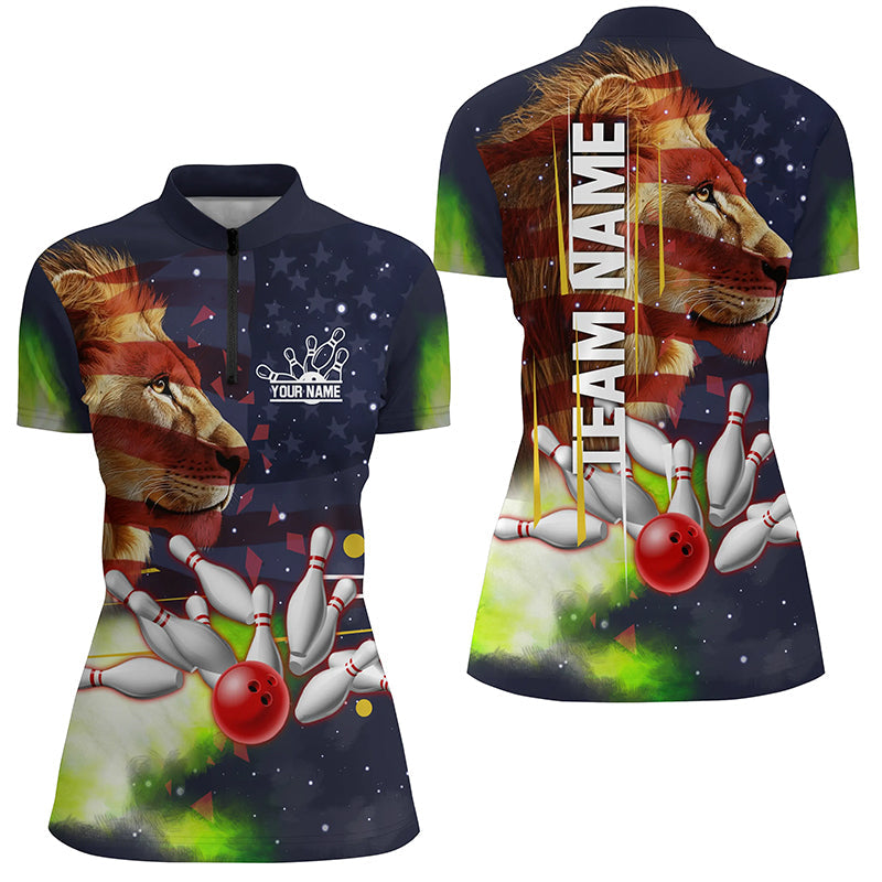 American Flag Lion Bowling Quarter Zip Shirt For Women Custom Patriotic Bowling Team Jerseys