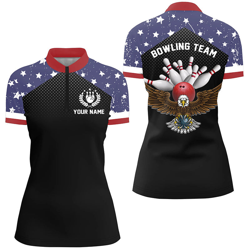 American Flag Patriot Women'S Bowling Quarter Zip Shirts Custom Team Name Bowling Team Shirts Jersey