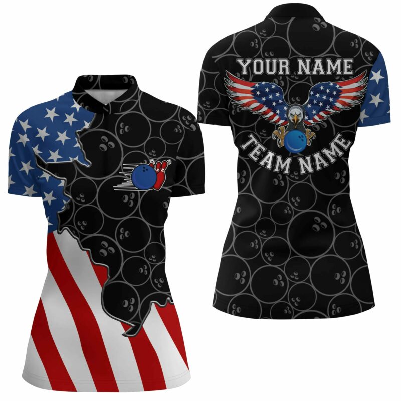 American Flag Patriotic Retro Bowling Quarter Zip Shirts For Women Custom Black Bowling Team Jerseys