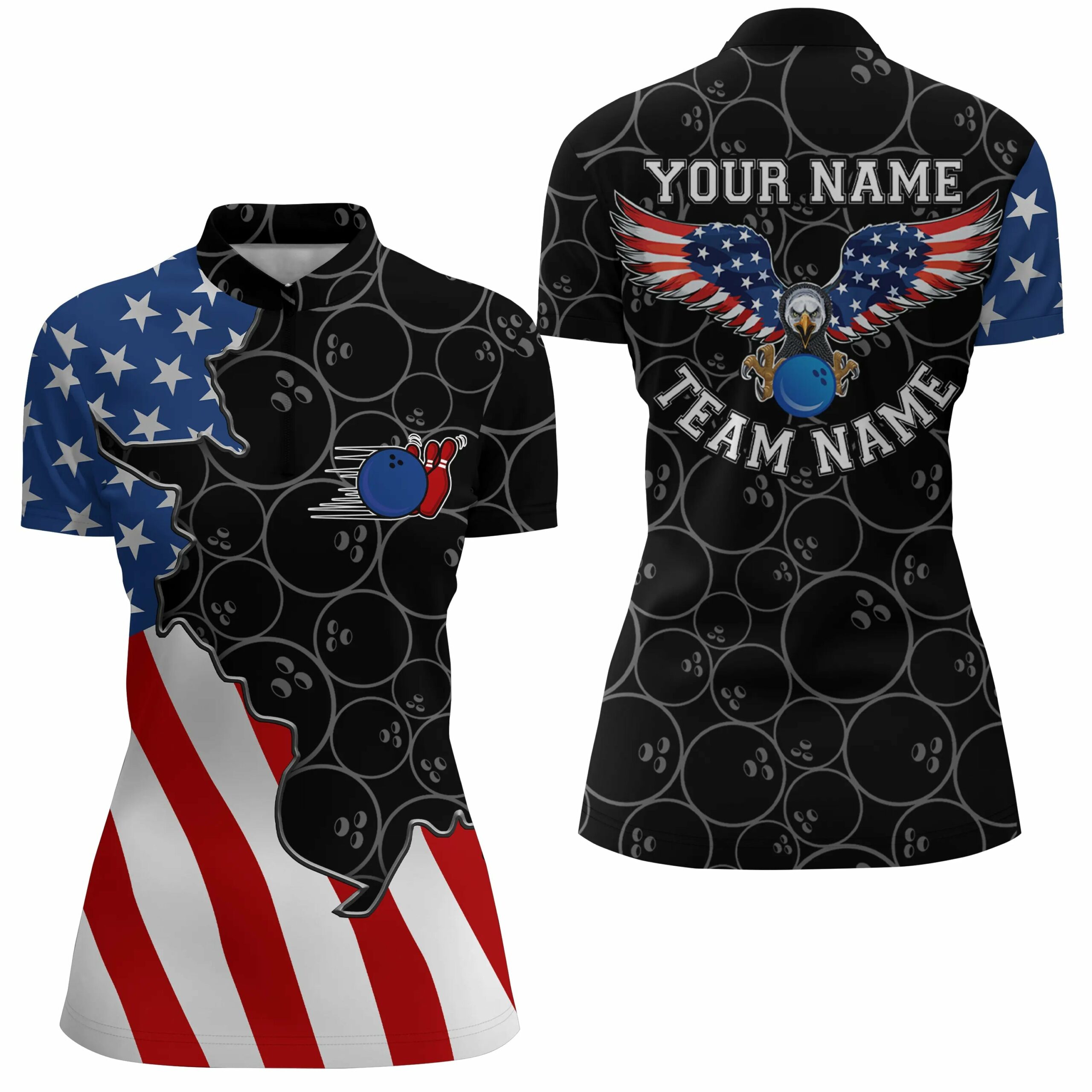 American Flag Patriotic Retro Bowling Quarter Zip Shirts For Women Custom Black Bowling Team Jerseys