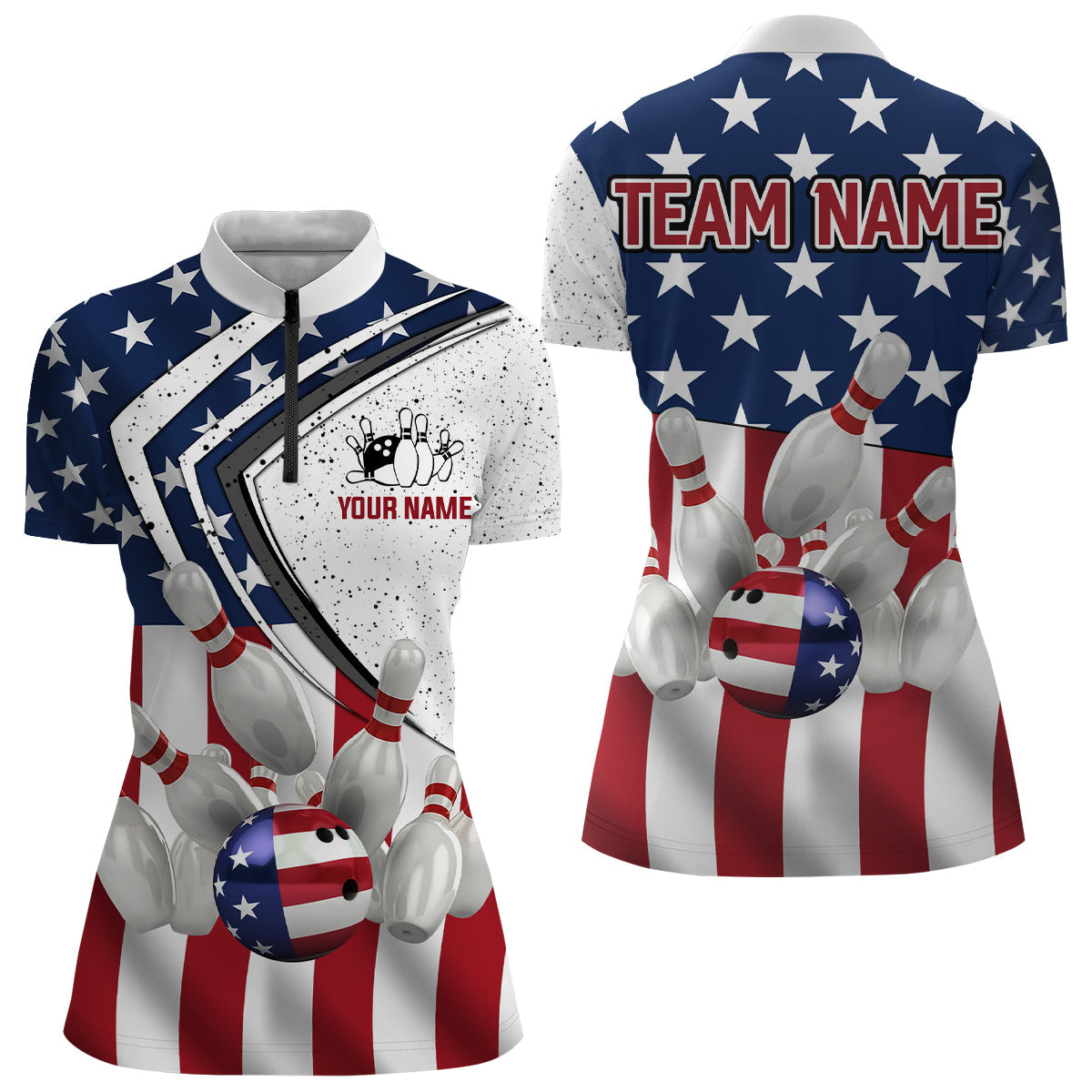 American Flag Retro Bowling Shirts For Women Custom Patriotic Bowling Team League Quarter Zip Shirts