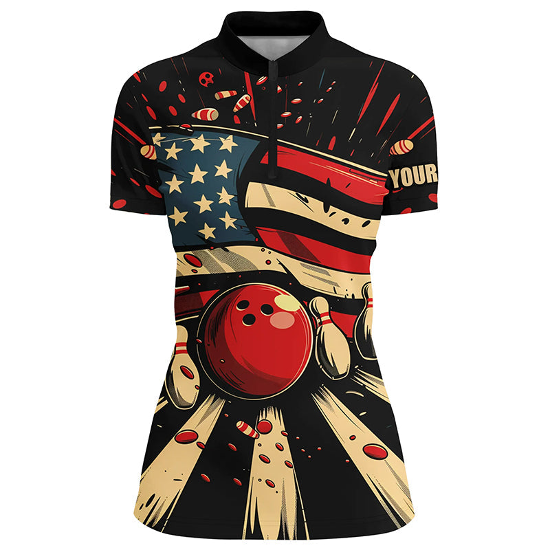 American Flag Retro Bowling Women Quarter Zip Shirts