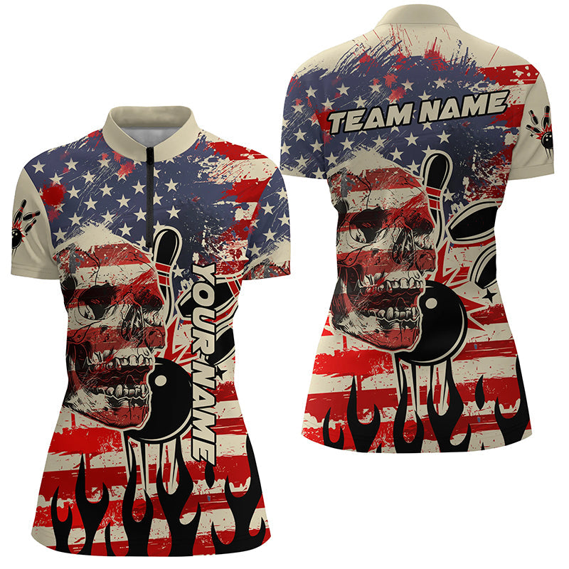 American Flag Skull Bowling Quarter Zip Shirt For Women Custom Team Bowling Jerseys