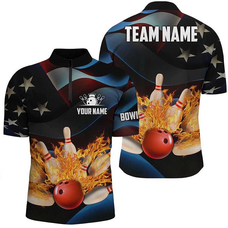 American flag black flame Bowling Quarter Zip Shirts For men Custom Patriotic Bowling League Jerseys