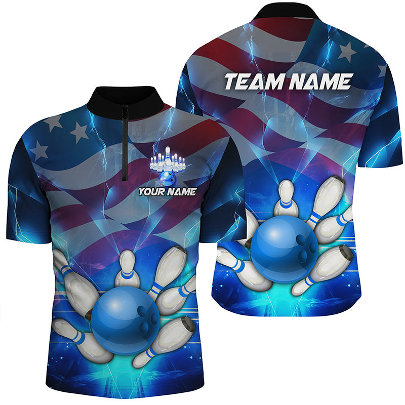 American flag blue Custom Bowling Quarter Zip Shirts For Men patriotic Team League Jersey