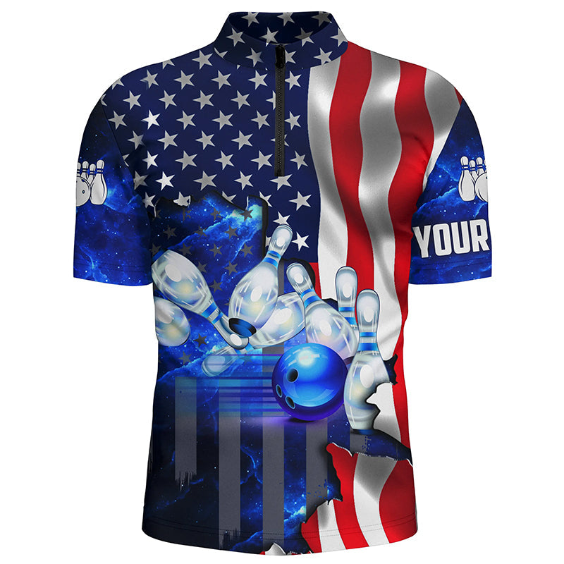 American flag blue galaxy Custom Bowling Quarter Zip Shirts For Men patriotic Team League Jerseys
