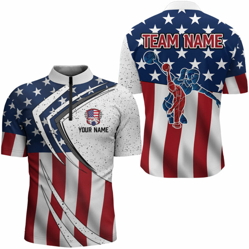 American flag retro Bowling Shirts For Men Custom Patriotic Bowling Team League Quarter Zip Shirt