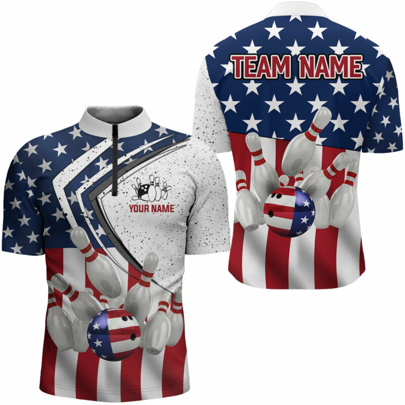 American flag retro Bowling Shirts For Men Custom Patriotic Bowling Team League Quarter Zip Shirts