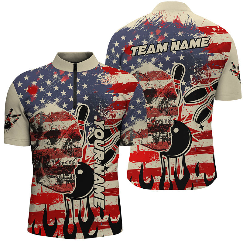 American flag skull bowling Quarter Zip shirts for men Custom Team bowling jerseys