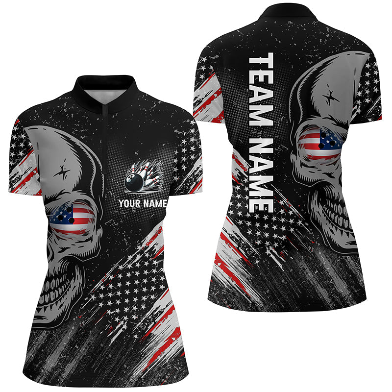 Black American Flag Retro Bowling League Jerseys Custom Skull Women Bowling Quarter Zip Shirts