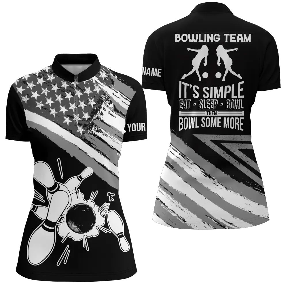 Black American Flag Retro Women'S Bowling Shirt Quarter-Zip Custom Team Bowling Outfits Eat Sleep Bowl