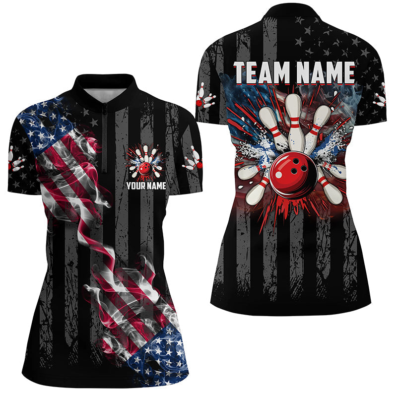 Black American Flag Smoke Women Bowling Quarter Zip Shirt Custom Patriotic Team Bowling Jersey