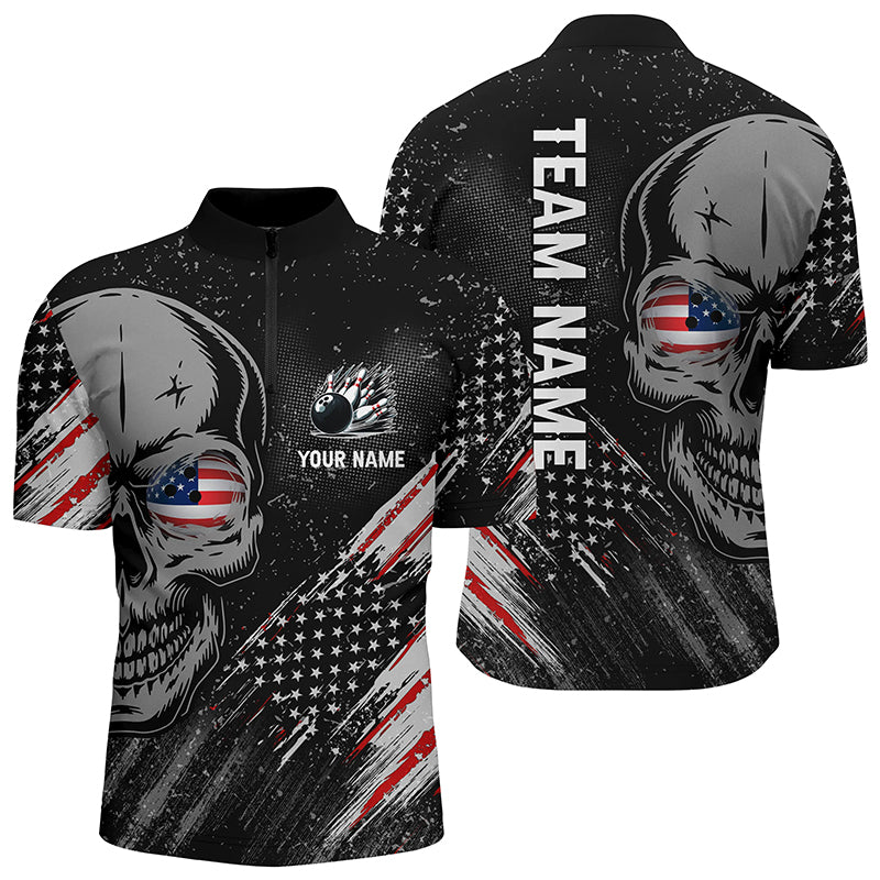 Black American flag retro bowling league jerseys custom skull Men Bowling Quarter Zip Shirts