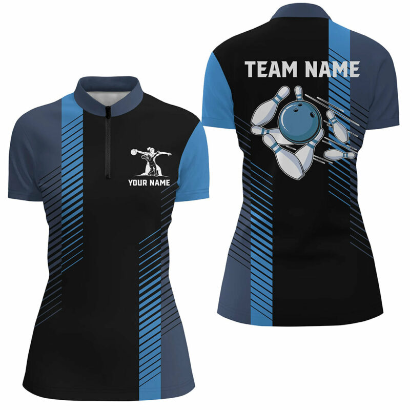 Black And Blue Bowling Shirt For Women Custom Women Bowling Quarter Zip Shirt