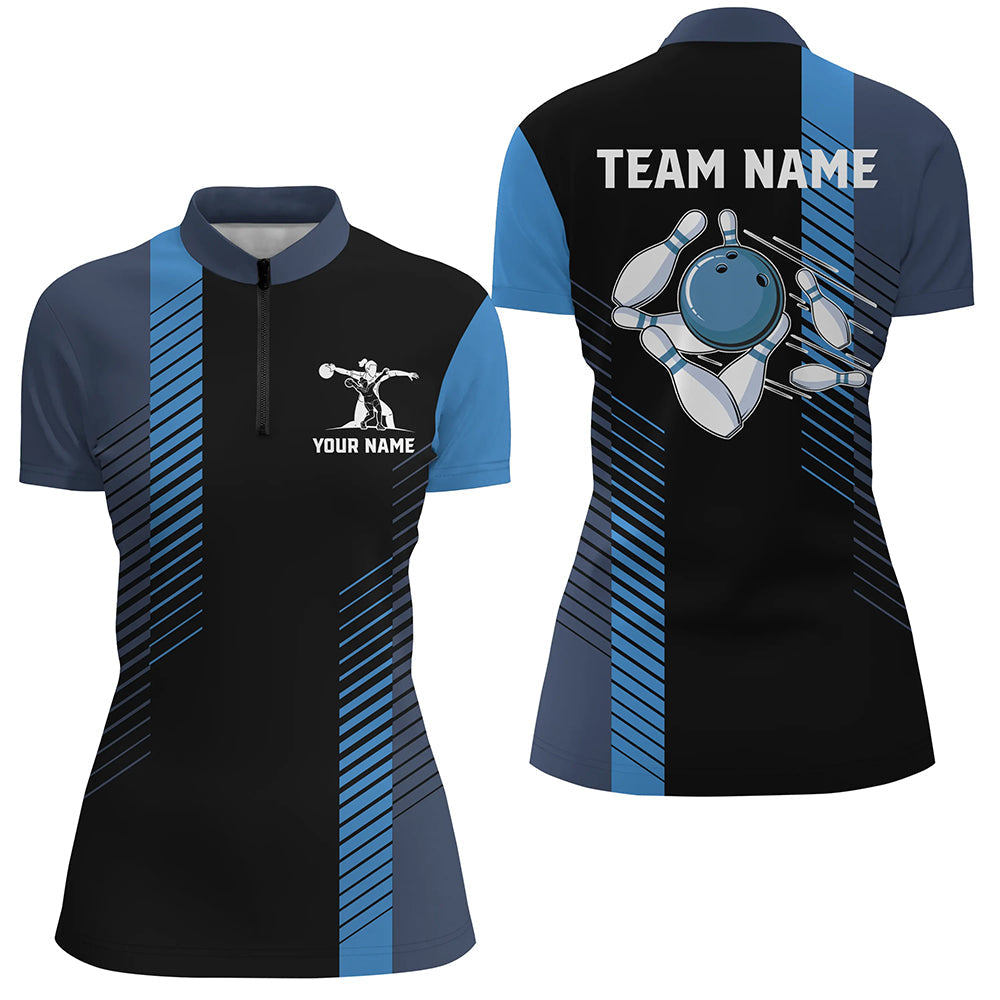 Black And Blue Bowling Shirt For Women Custom Women Bowling Quarter Zip Shirt
