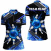 Black And Blue Flame Bowling Ball Pins Women Quarter Zip Shirts Custom Team Bowling Jerseys