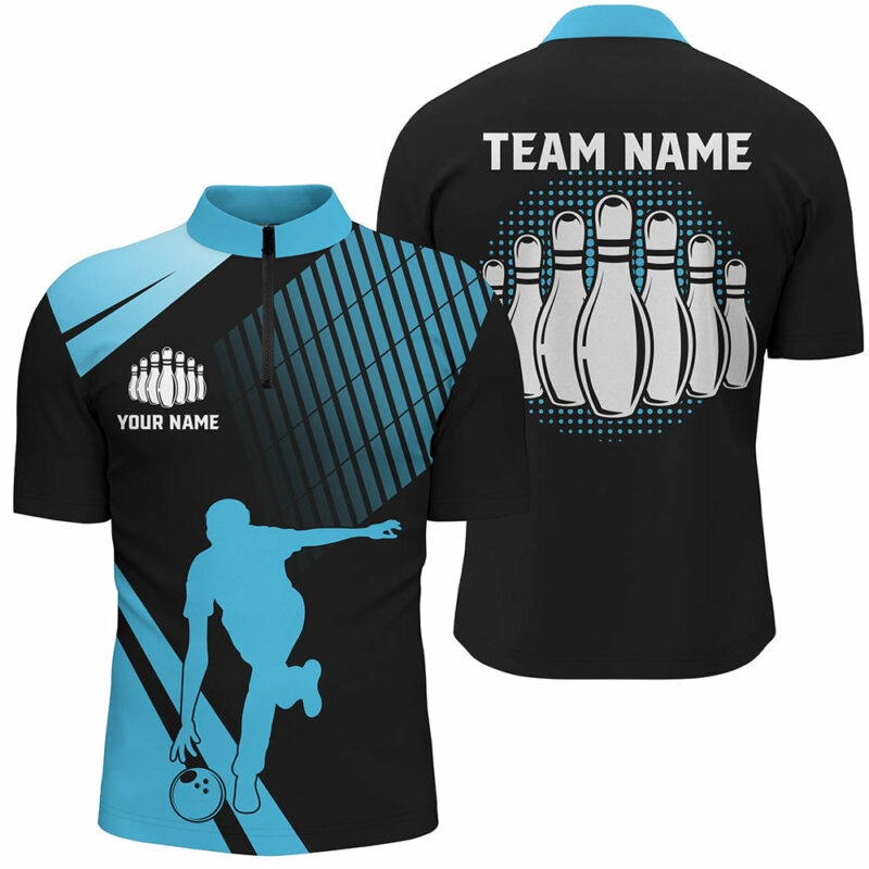 Black And Blue Retro Bowling Quarter Zip Shirt For Men Custom Bowling Ball And Pins Team League Jersey