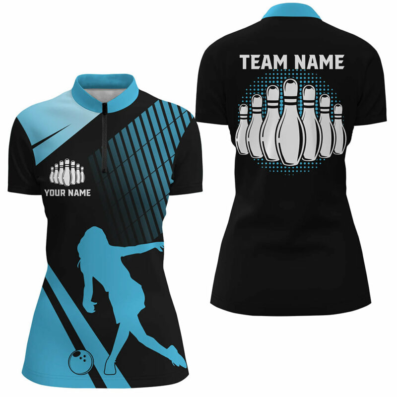 Black And Blue Retro Bowling Quarter Zip Shirt For Women Custom Bowling Ball And Pins Team Jerseys