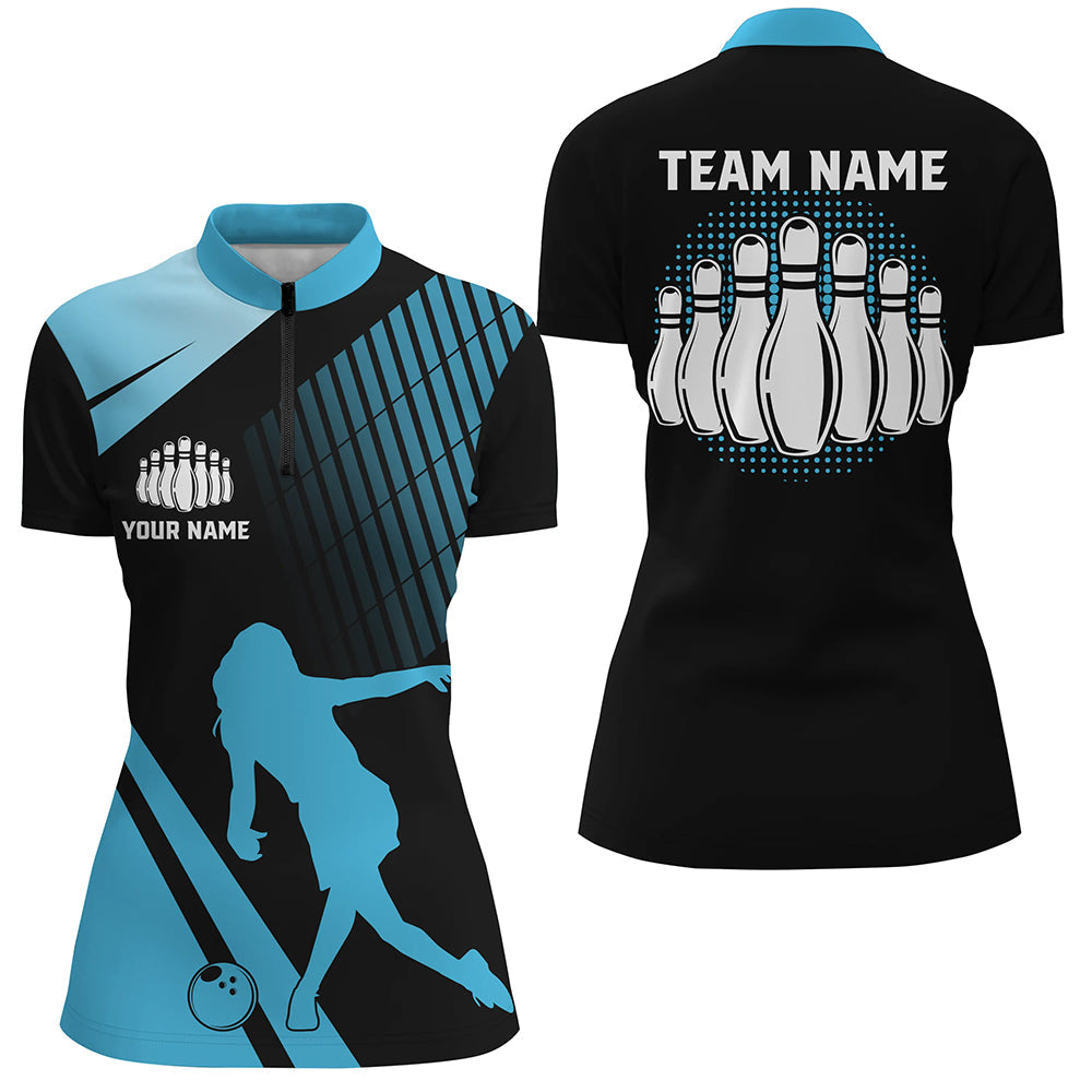 Black And Blue Retro Bowling Quarter Zip Shirt For Women Custom Bowling Ball And Pins Team Jerseys