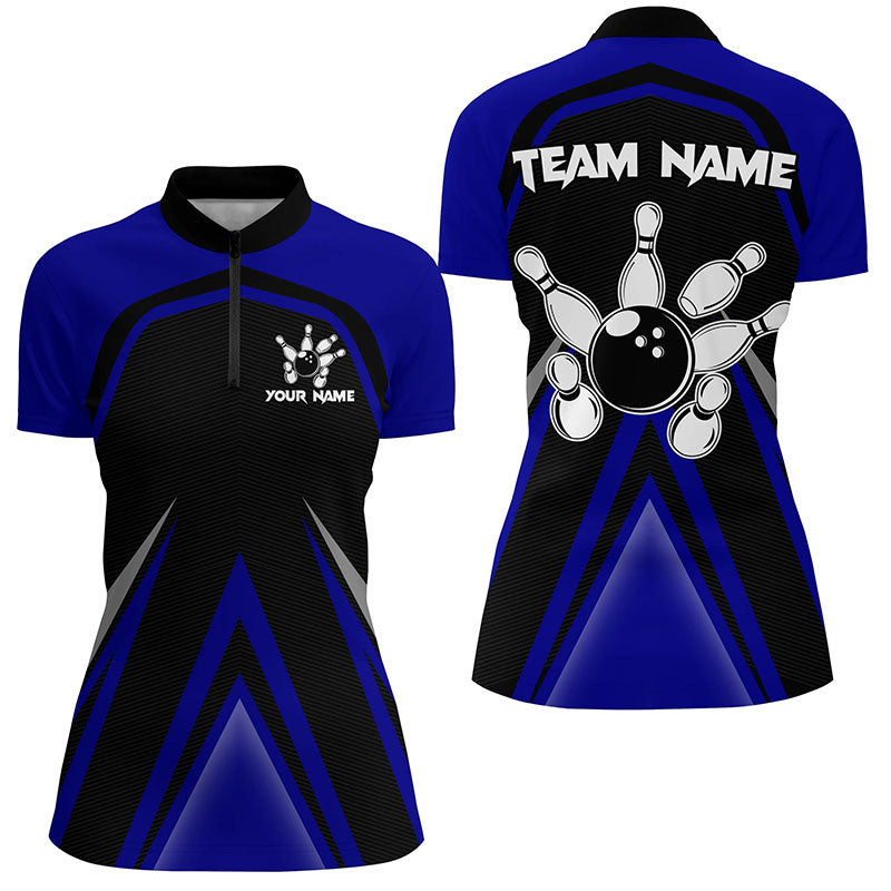 Black And Blue Retro Bowling Quarter Zip Shirts For Women Custom Team Bowling Jerseys