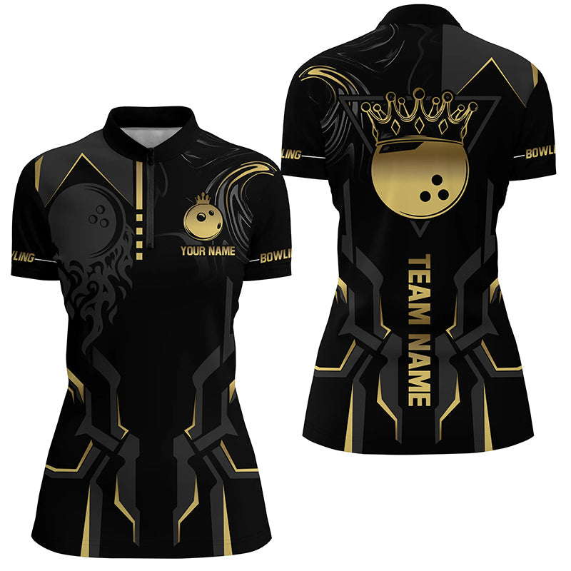 Black And Gold Bowling Quarter Zip Shirts For Women Custom Bowling King Team Jerseys Outfits
