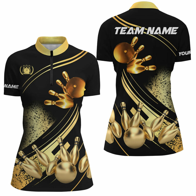 Black And Gold Womens Quarter Zip Shirts Custom Bowling Apparel Team Bowling Jerseys