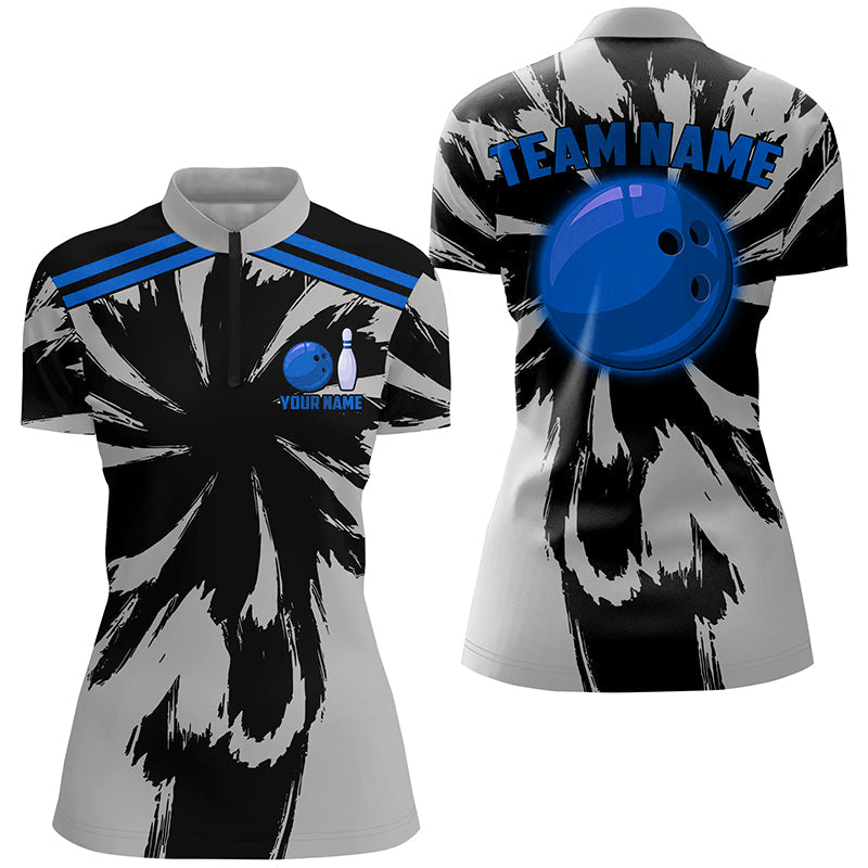 Black And Gray Bowling Quarter Zip Shirt For Women Custom Blue Bowling Ball Team Bowling Jerseys