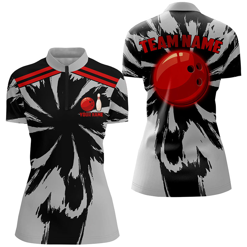 Black And Gray Bowling Quarter Zip Shirt For Women Custom Red Bowling Ball Team Bowling Jerseys