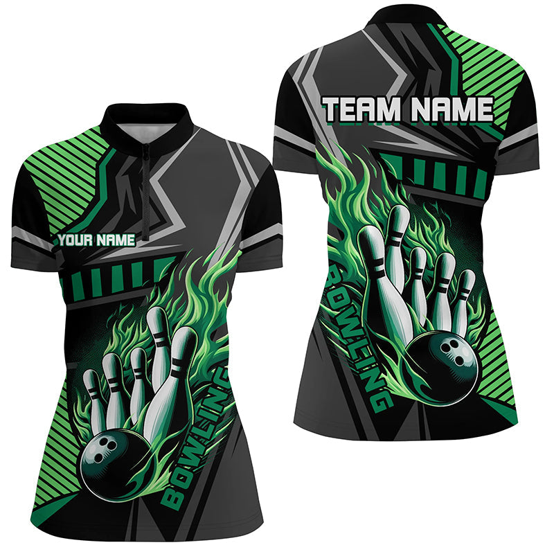 Black And Green Bowling Ball Pins Quarter Zip Shirt For Women Custom Bowling Team League Jerseys