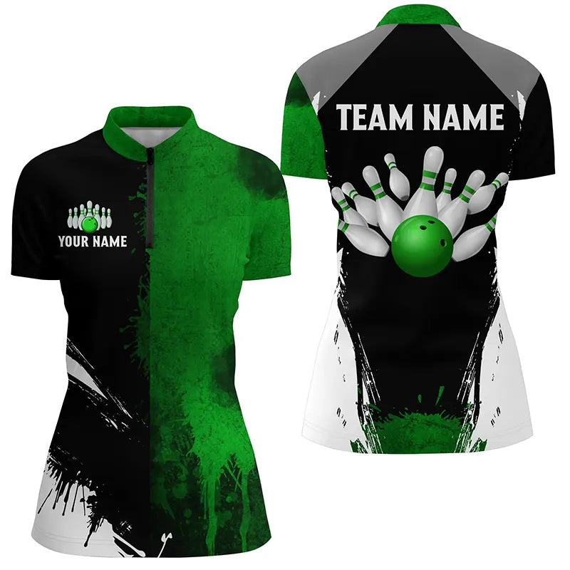 Black And Green Bowling Quarter Zip Shirt For Women Custom Bowling Team Jersey