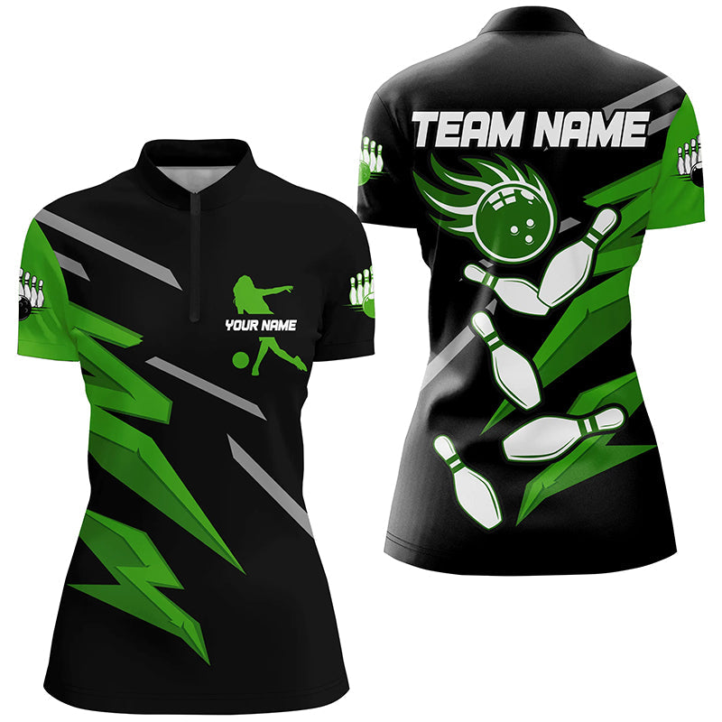 Black And Green Bowling Quarter Zip Shirts For Women Custom Bowling Team Jersey