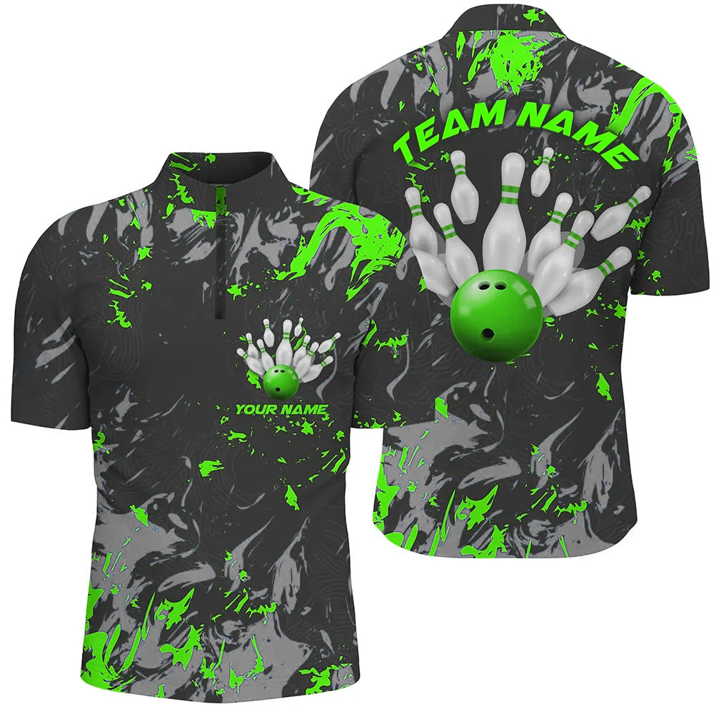 Black And Green Camo Bowling Team Shirts Custom Men Quarter Zip Shirts Bowling League Shirts, Custom Team Bowling Jerseys, Bowling Shirts 1 Black And Green Camo Bowling Team Shirts Custom Men Quarter Zip Shirts Bowling League Shirts
