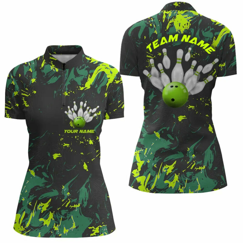 Black And Green Camo Bowling Team Shirts Custom Women Quarter Zip Bowling League Shirt